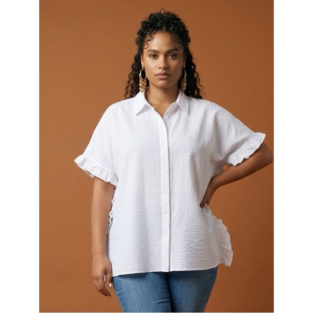 NWT Harshman Women’s Darcy White Seersucker Ruffle Blouse Top Oversized- M